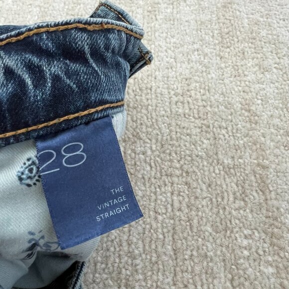 Anthropologie Blue Straight Leg Jeans with Floral Cuffs - Picture 2 of 11